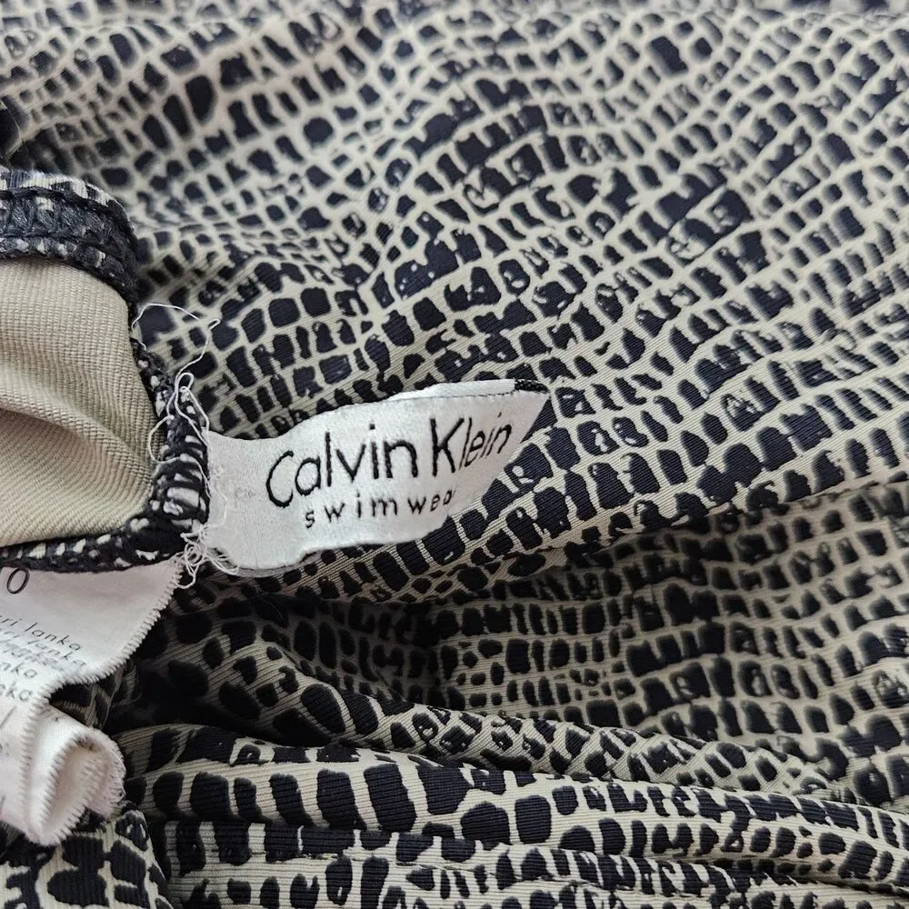 Calvin‎ Klein Black Beige Crocodile Print Ruched One Piece Swimsuit Size 10